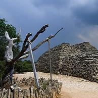 Getorste amandelboom in het gerestaureerde dorp Les Bories met zijn traditionele stenen Gallische hutten te Gordes, Provence, Frankrijk
